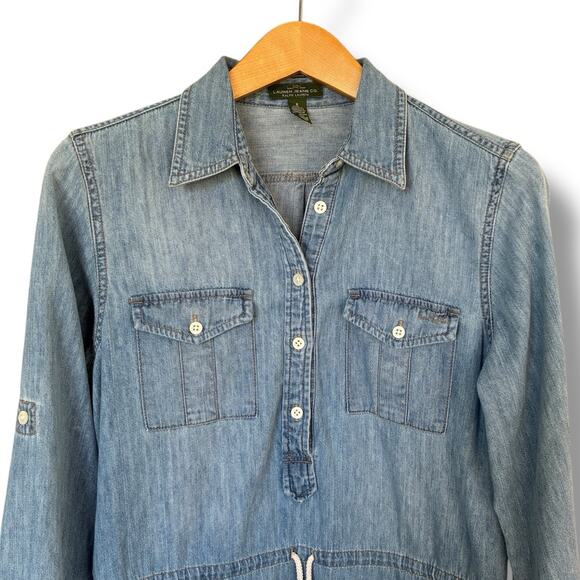 Lauren Ralph Lauren Shirt Dress Women's Size 6 Chambray Waist Tie Embroidered - Picture 3 of 7